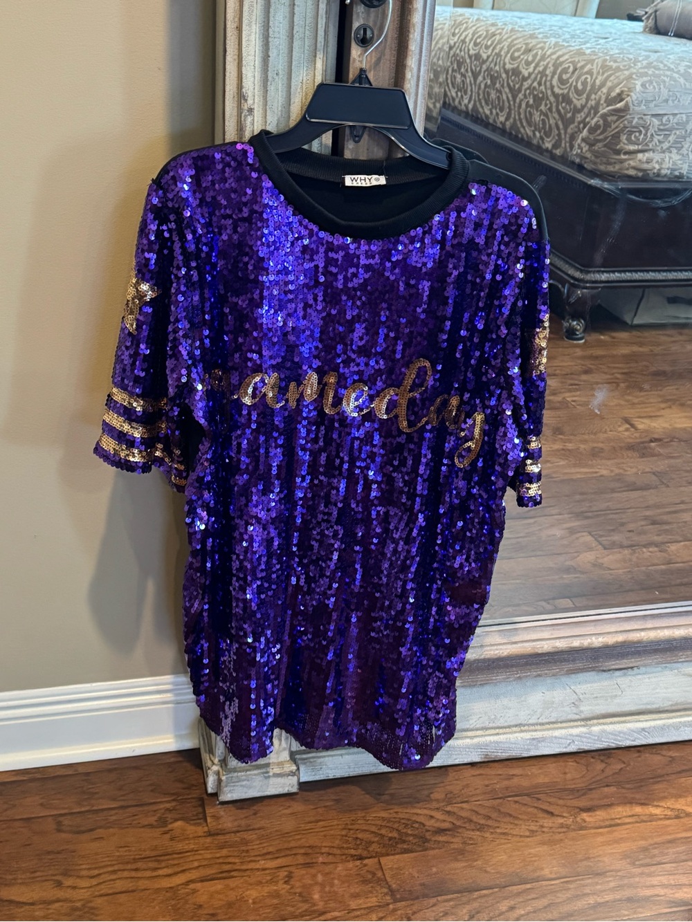 WHY Purple Sequin Mini Dress with Gold Script